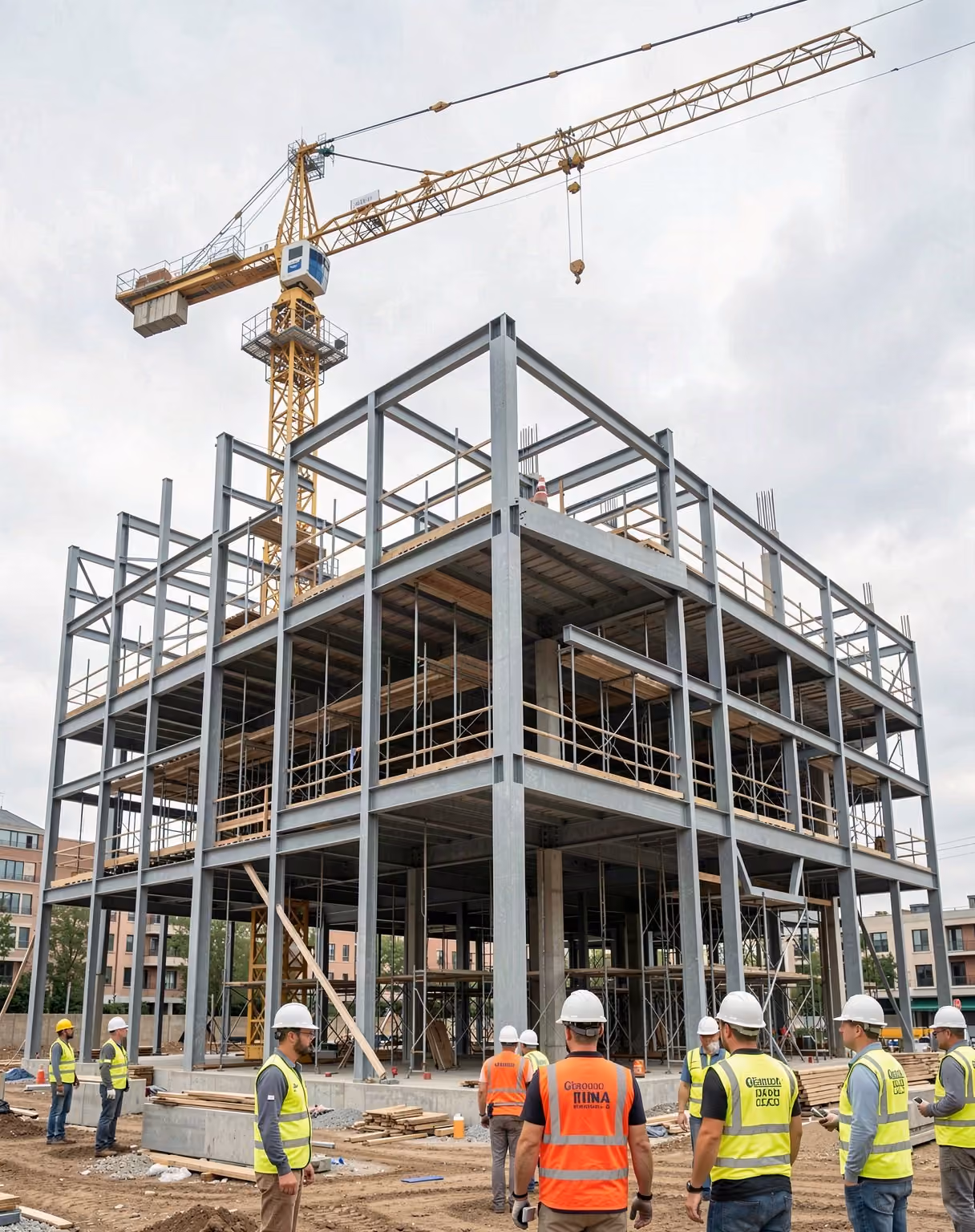 Workers in hard hats at a steel frame building under construction