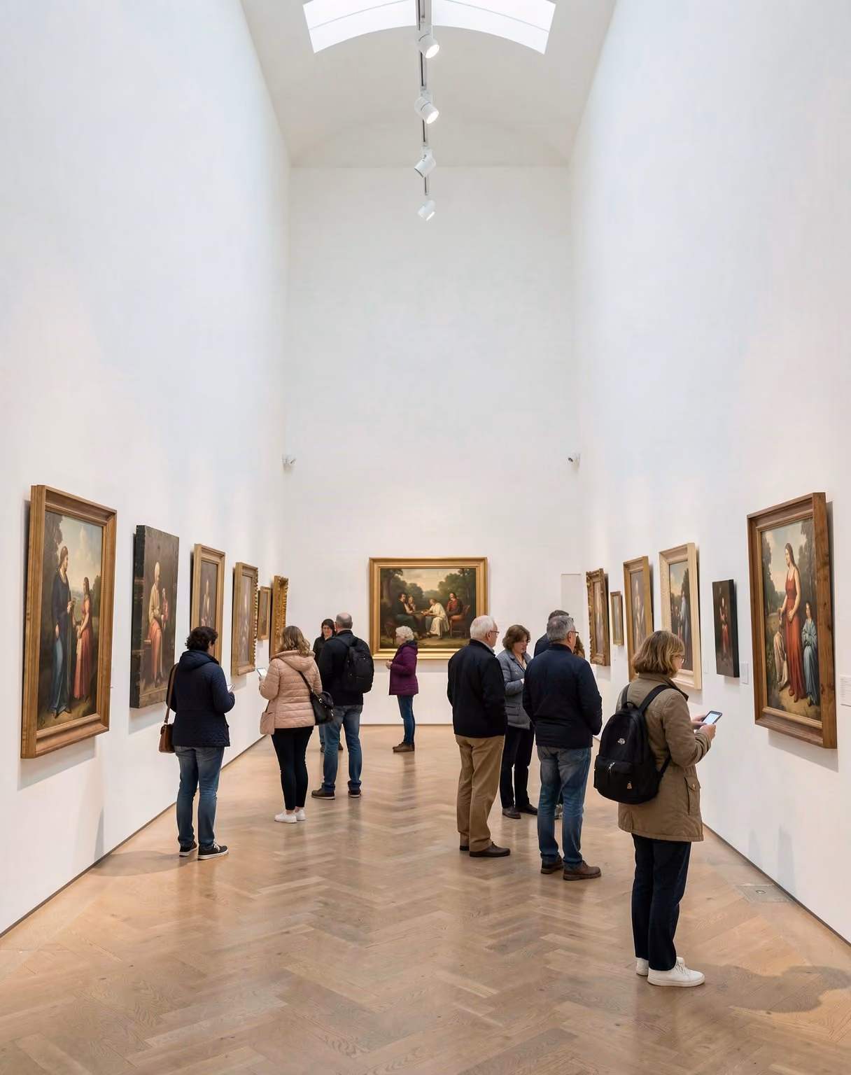 Visitors viewing framed artwork in a museum gallery