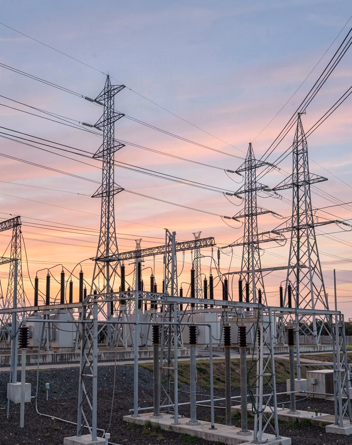 An electrical substation and transmission towers at dusk
