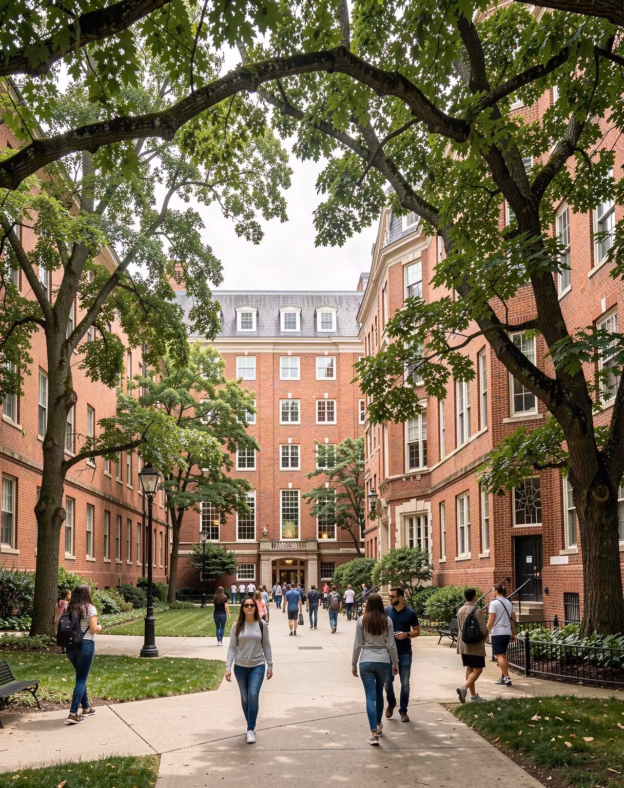 Students walking through a university campus quadrangle