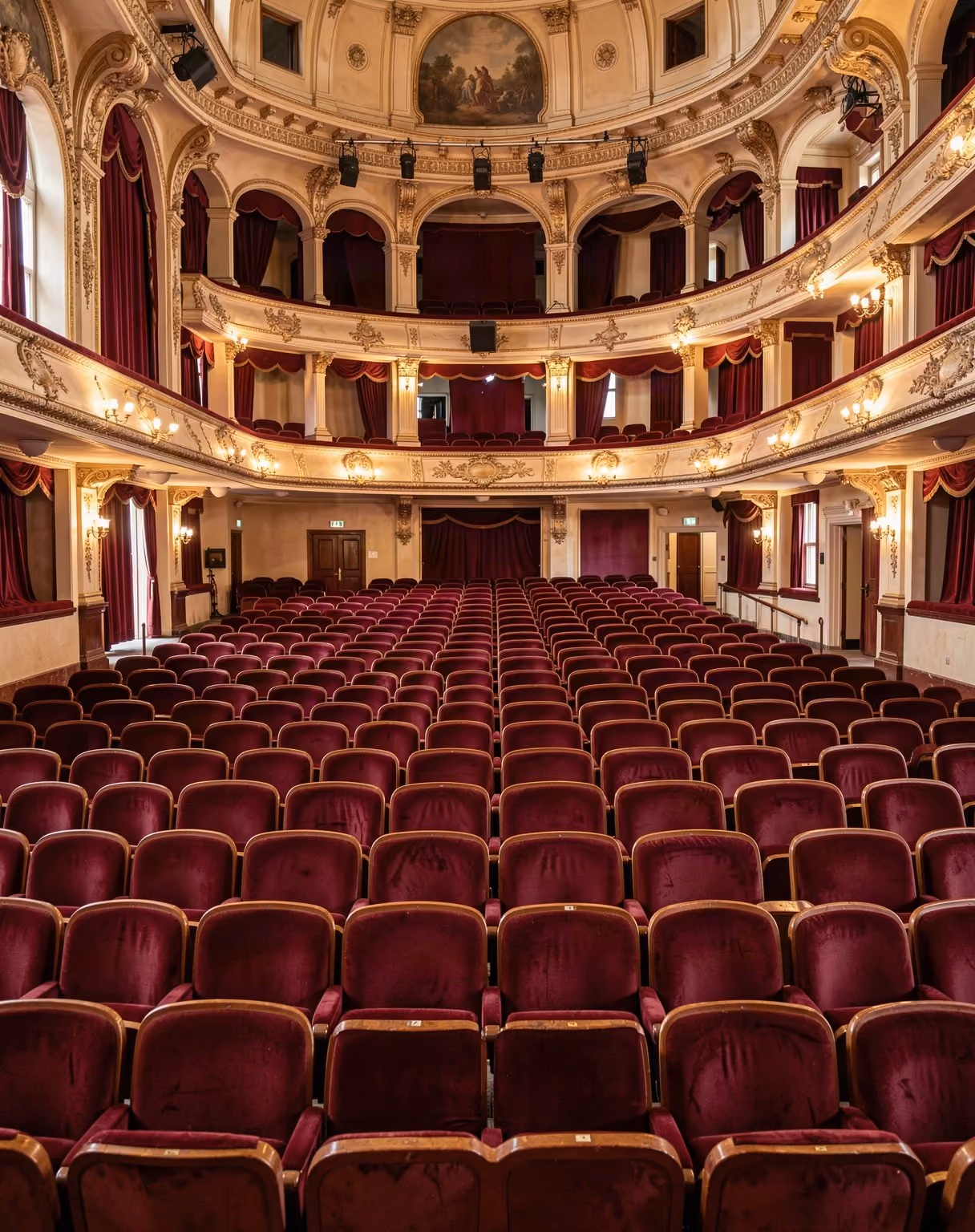 An empty theatre auditorium viewed from the stage