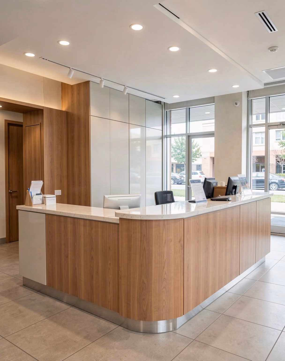 The teller counter inside a modern bank branch