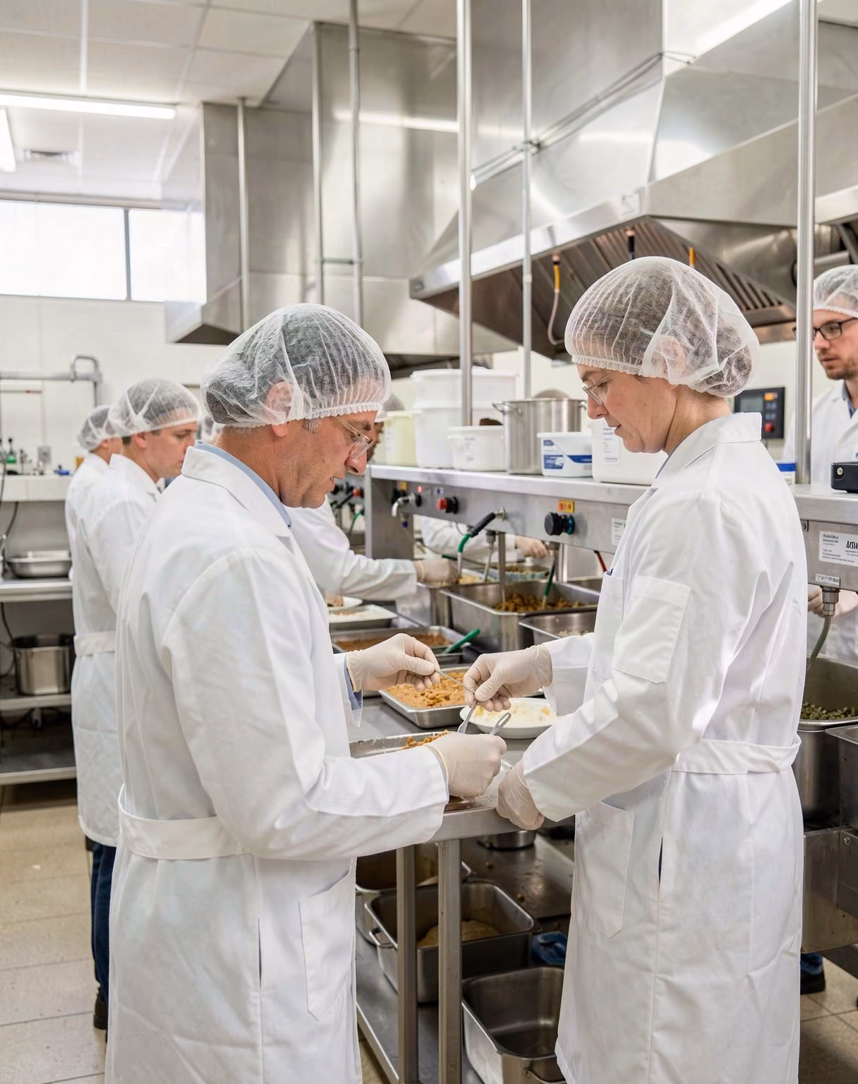 Workers in white coats and hairnets on a food production preparation line