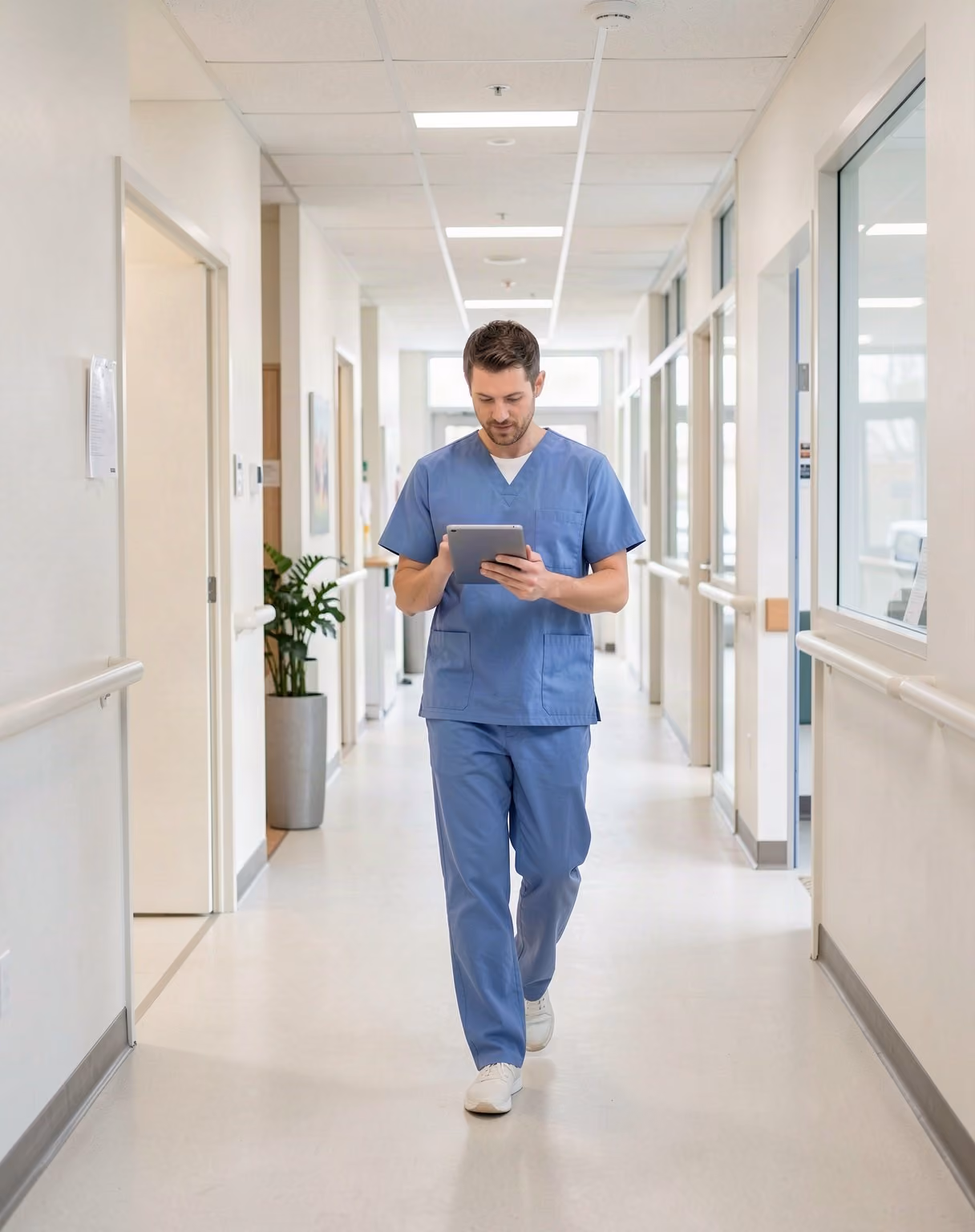 A clinician in scrubs reviewing a tablet in a medical clinic corridor