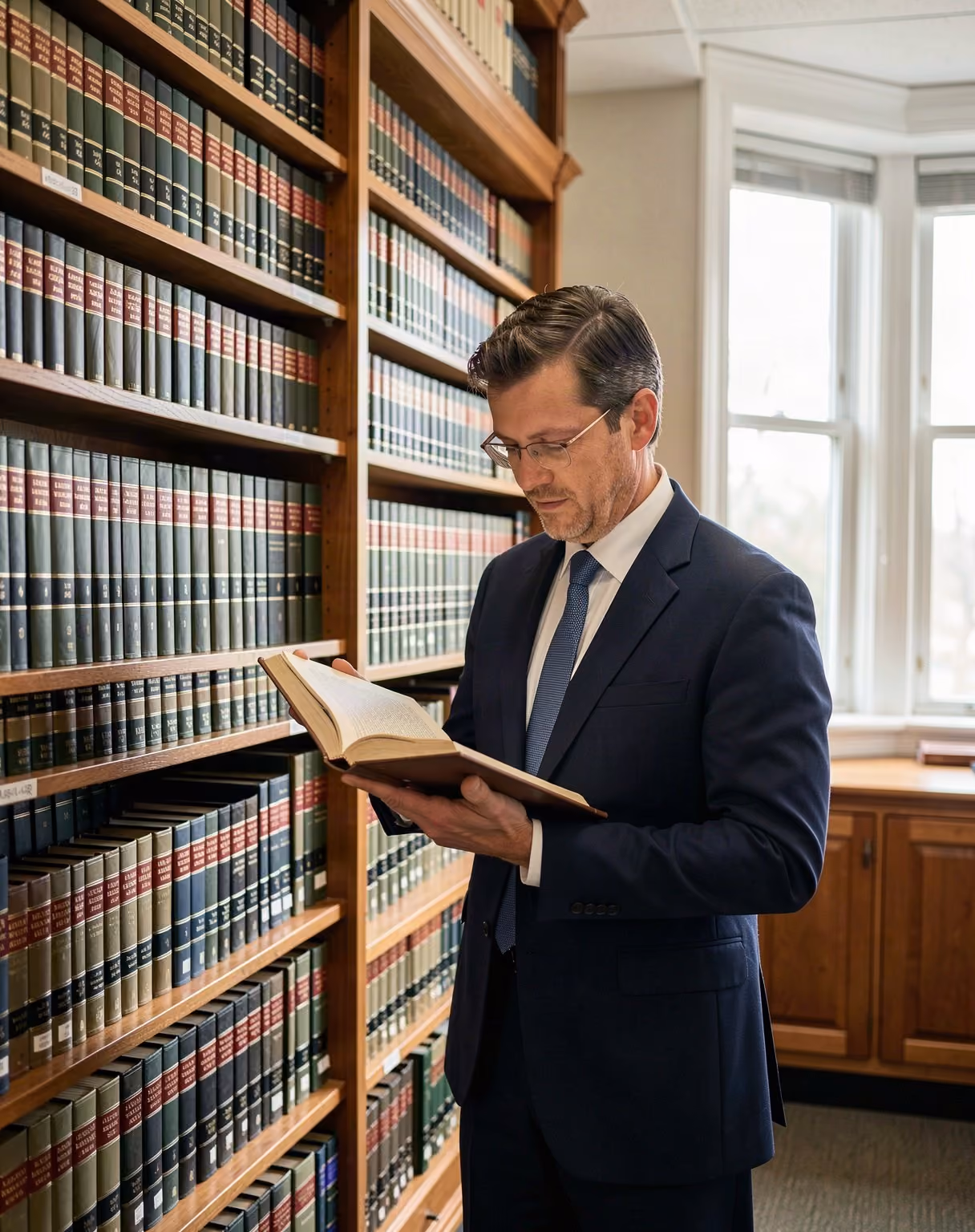 A lawyer reading in a law office library of bound legal volumes