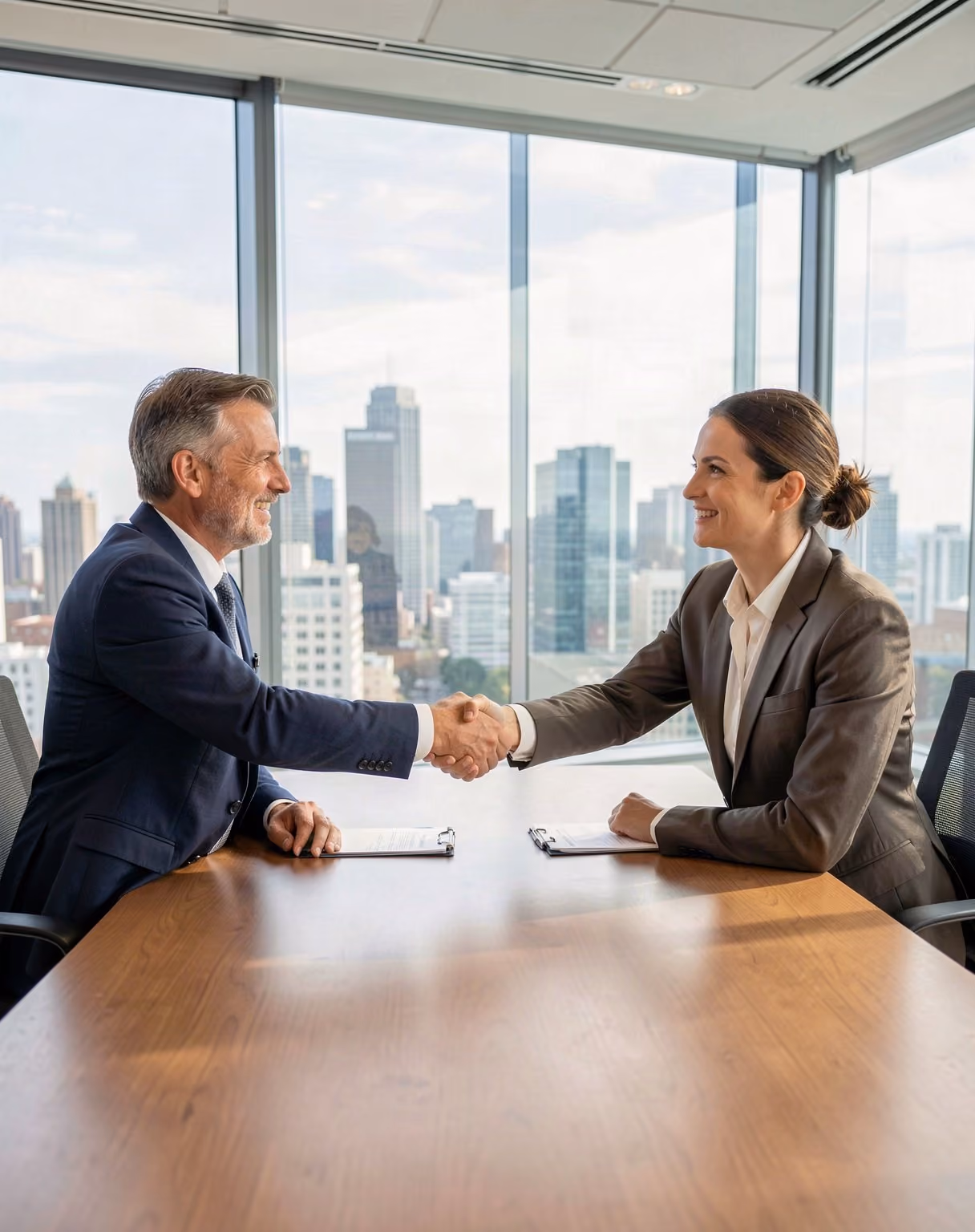 Two professionals shaking hands in a glass walled boardroom