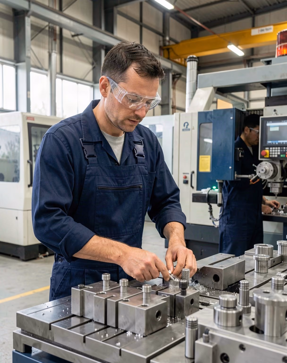 A machinist operating a CNC machine on a factory floor