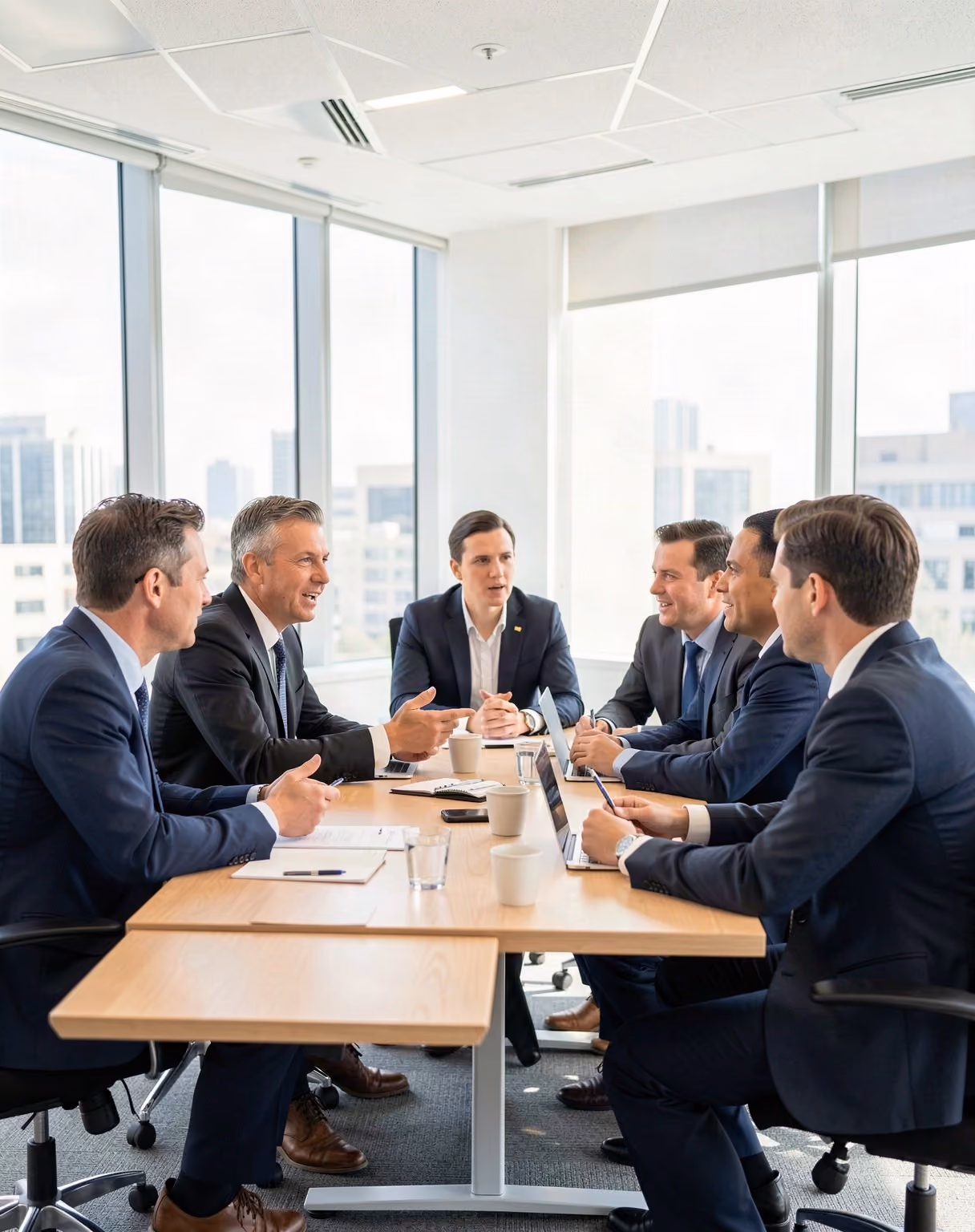 Professionals in discussion around a table in a modern office