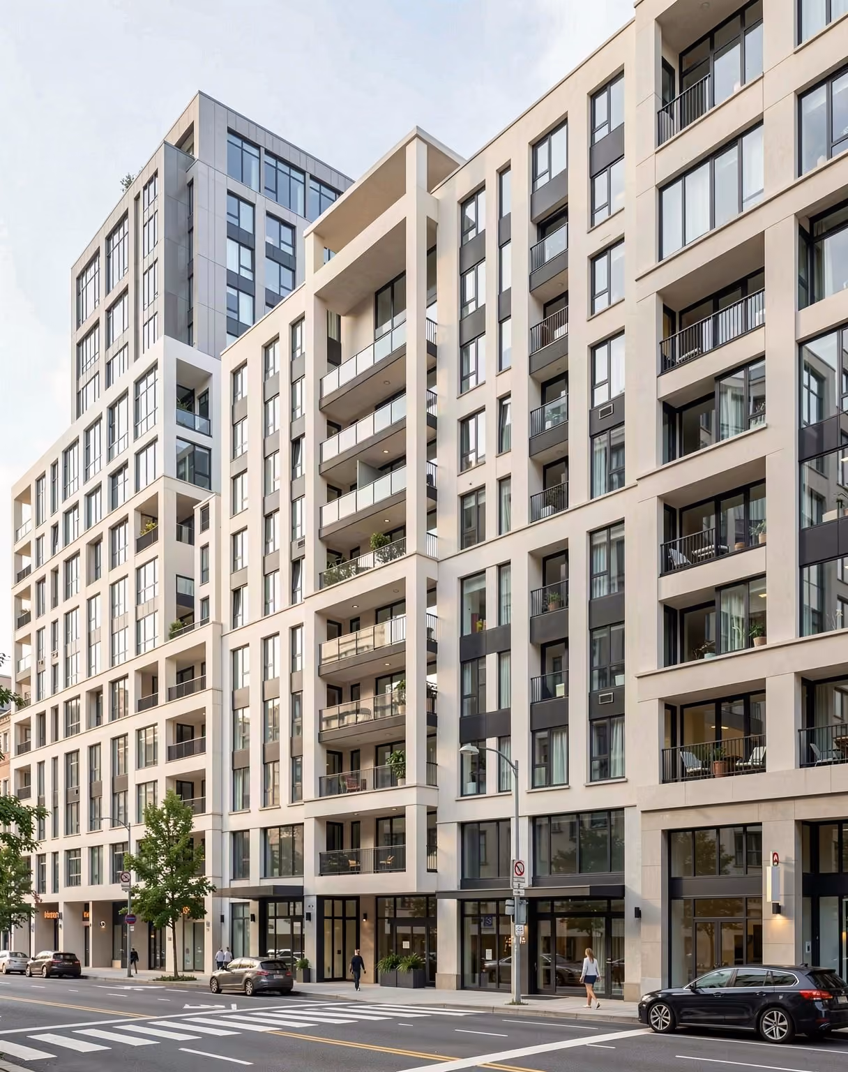 Modern mid-rise apartment and office buildings from street level