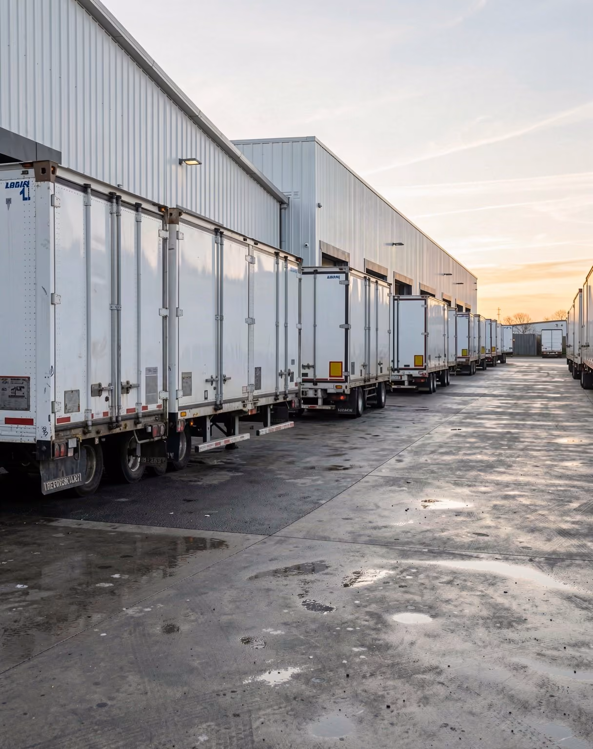 White semi trailers backed into a warehouse loading dock at dawn