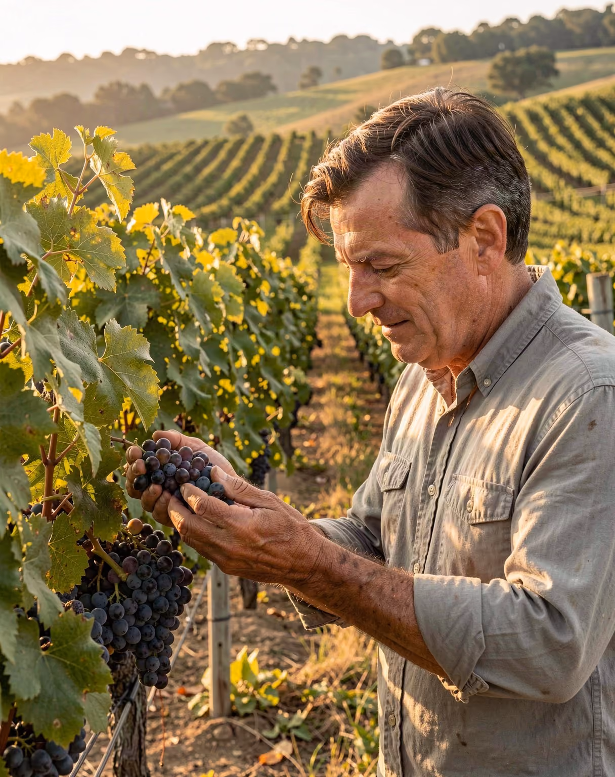 A winemaker inspecting grape clusters in a hillside vineyard