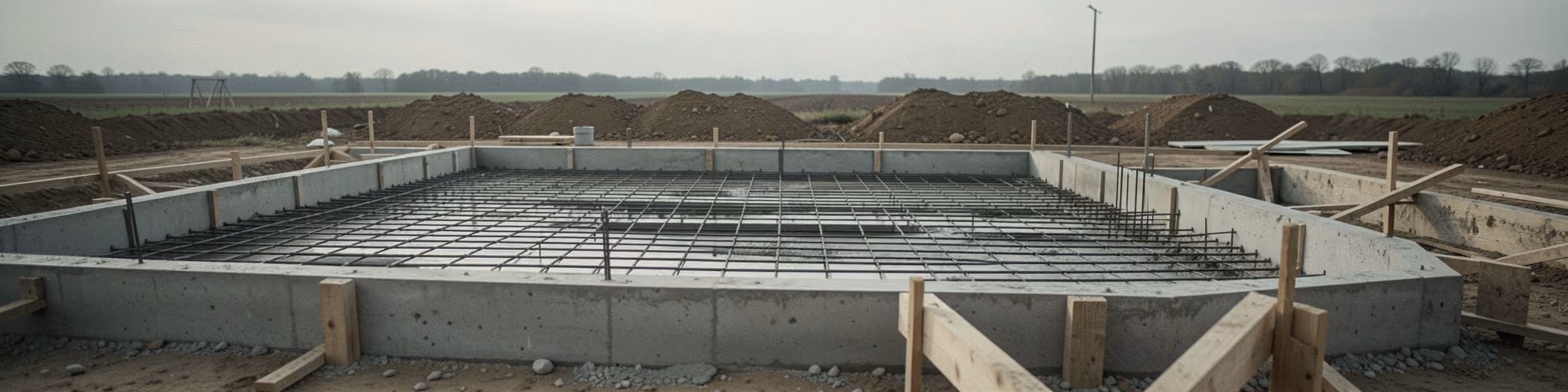 A poured concrete foundation with an exposed steel rebar grid