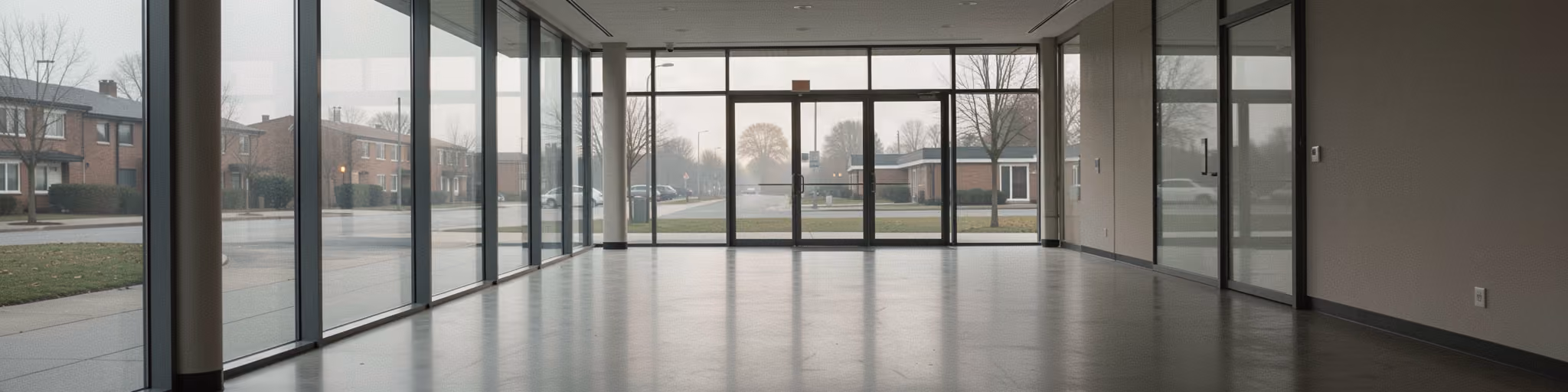 An empty glass-fronted building lobby vestibule at dawn
