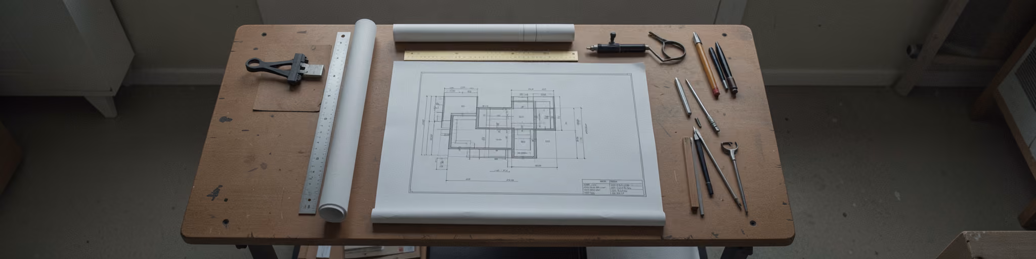 An architect's drafting table with rolled technical drawings and a scale rule