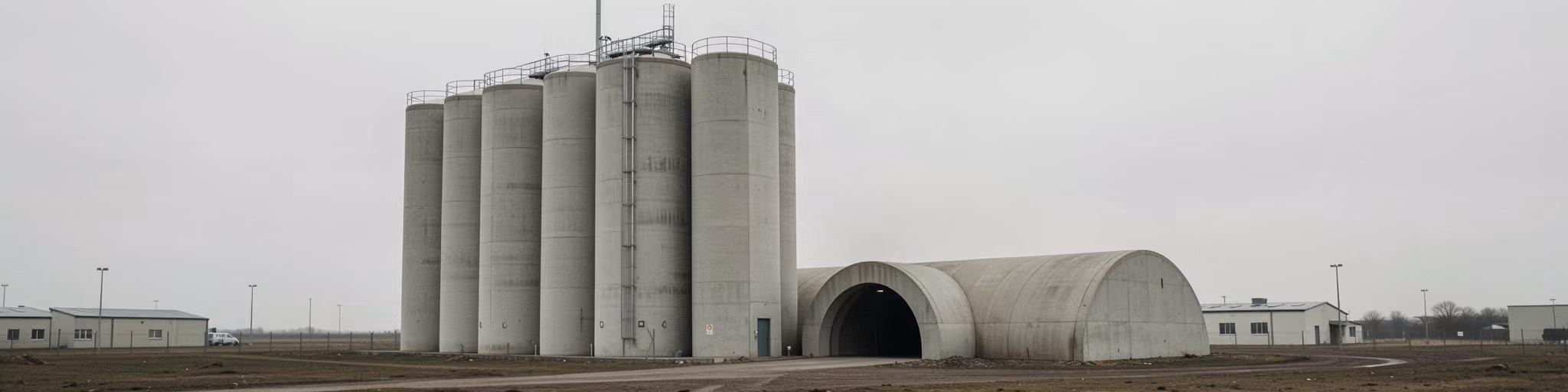 A cluster of tall concrete silos beside a low circular vault-like structure