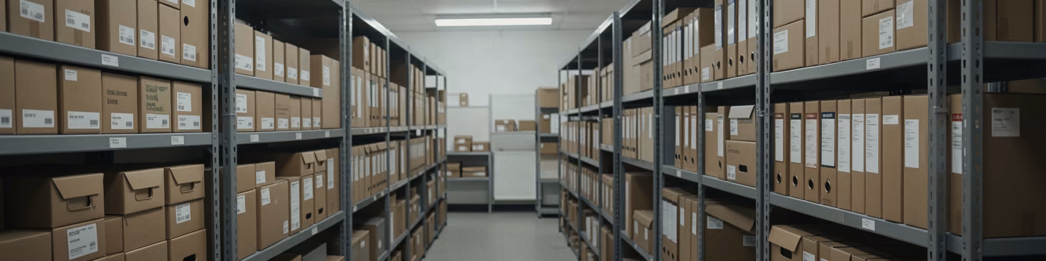 Rows of archive boxes and document spines on metal shelving