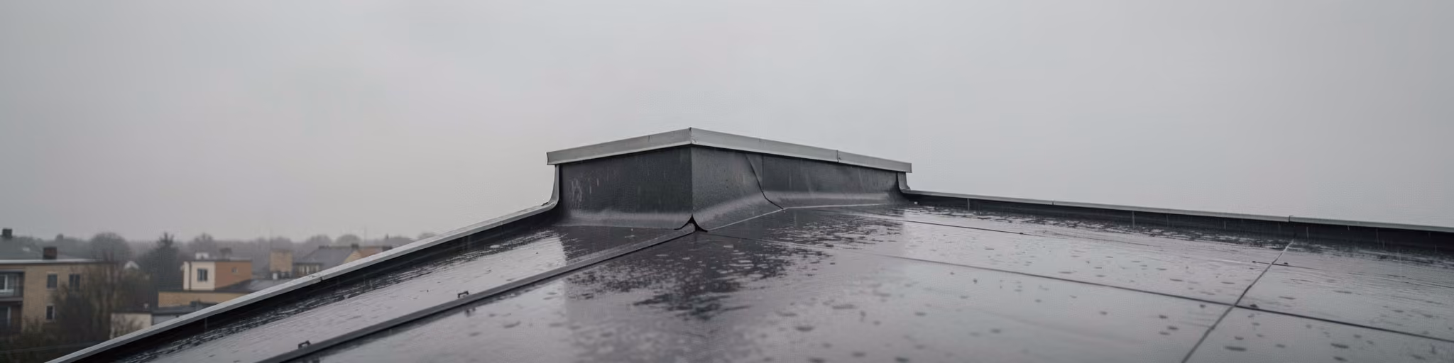 A roof parapet with metal flashing and a wet membrane surface after rain