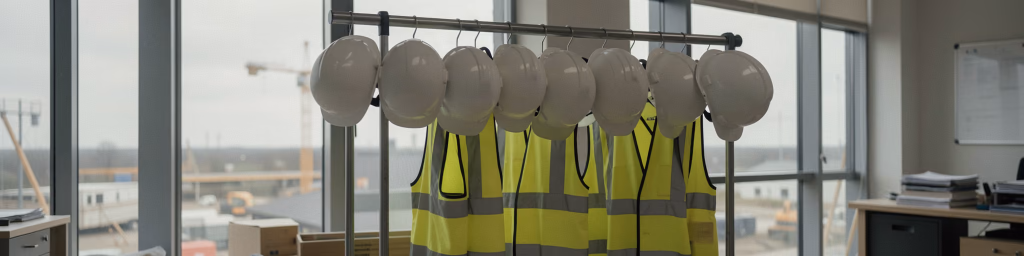 A rack of plain unmarked hard hats and hi-vis vests in a site office