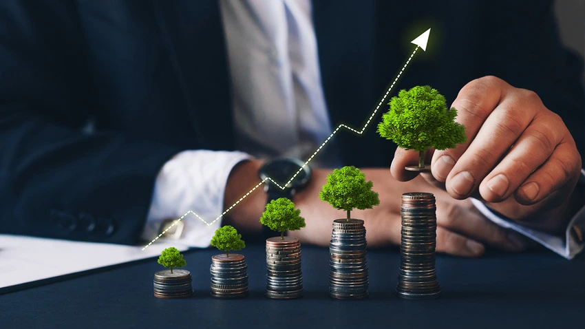 Stacks of coins growing taller with green trees on top and an upward arrow indicating financial growth.