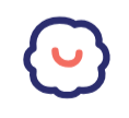 Simple smiling face icon with a curved coral mouth inside a blue cloud-like shape.