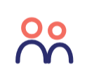 Two stylized figures in navy blue with coral circles as heads, representing people.