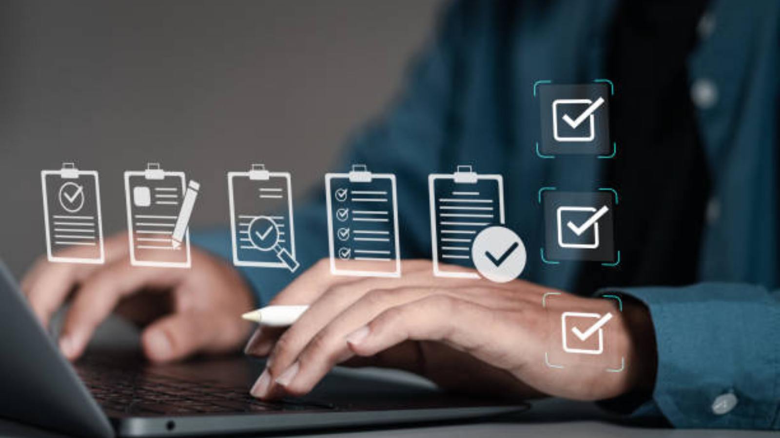 Hands typing on a laptop with floating checklist icons and checkmarks above the keyboard.