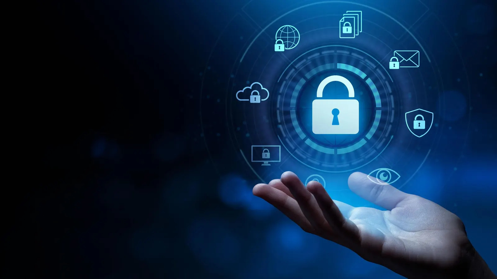 Open hand under a glowing lock surrounded by icons representing security and data protection.