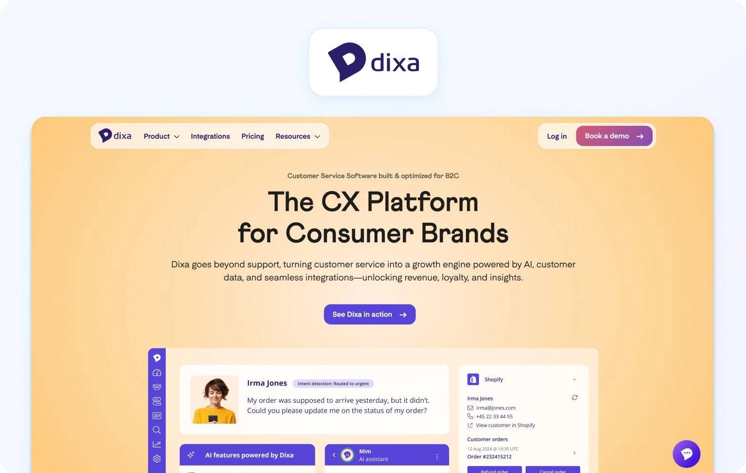 Dixa homepage view