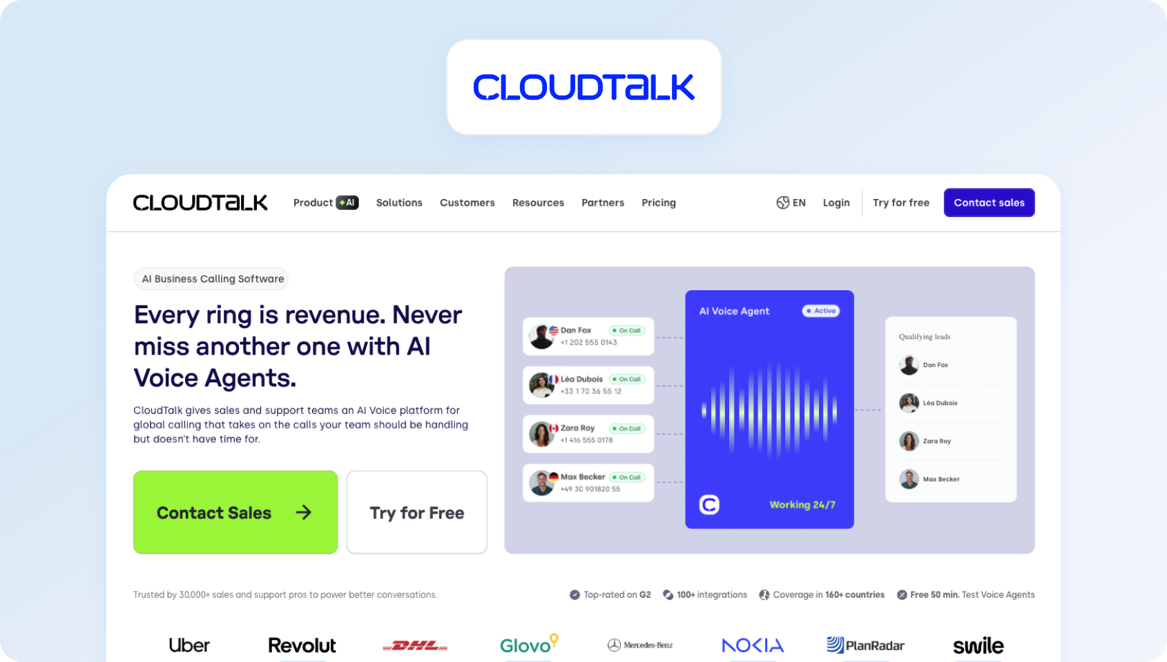 CloudTalk cloud phone system and call center homepage