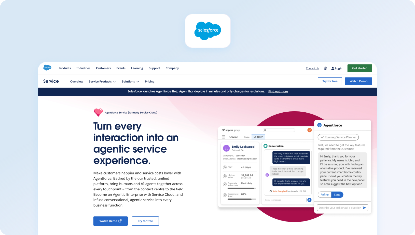 Salesforce Service Cloud homepage