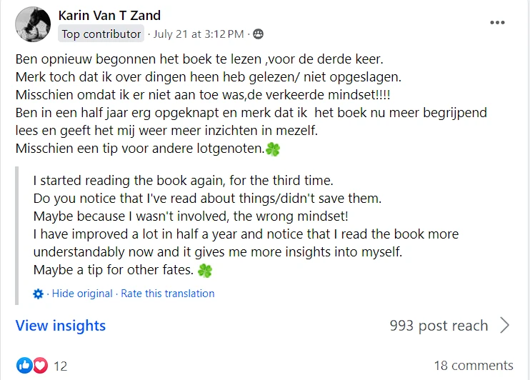 A Facebook post with a picture of a book and a quote about reading.
