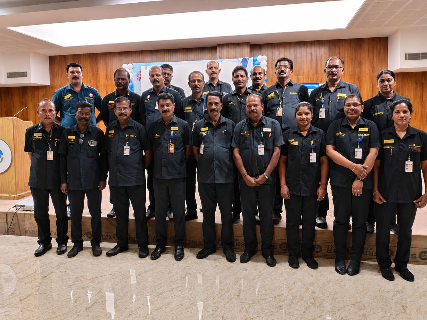 Group of male and female event security staff posing in black uniforms indoors on a small stage.