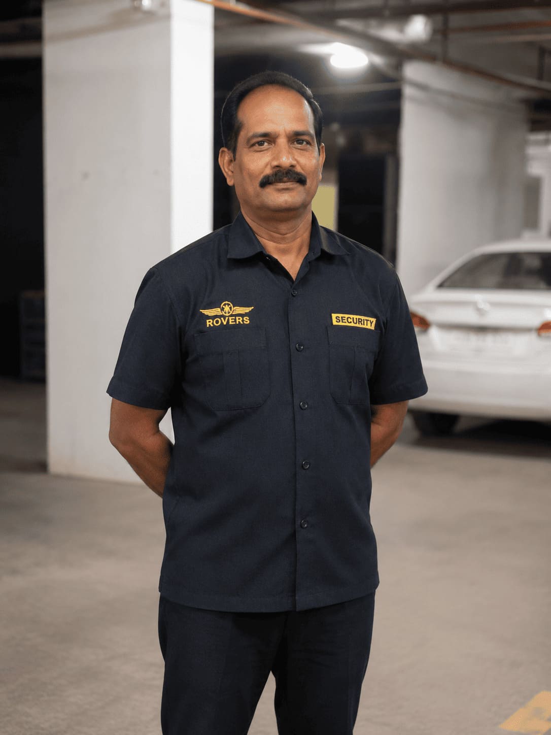 Male security guard in black uniform standing in a parking garage with a white car in the background.