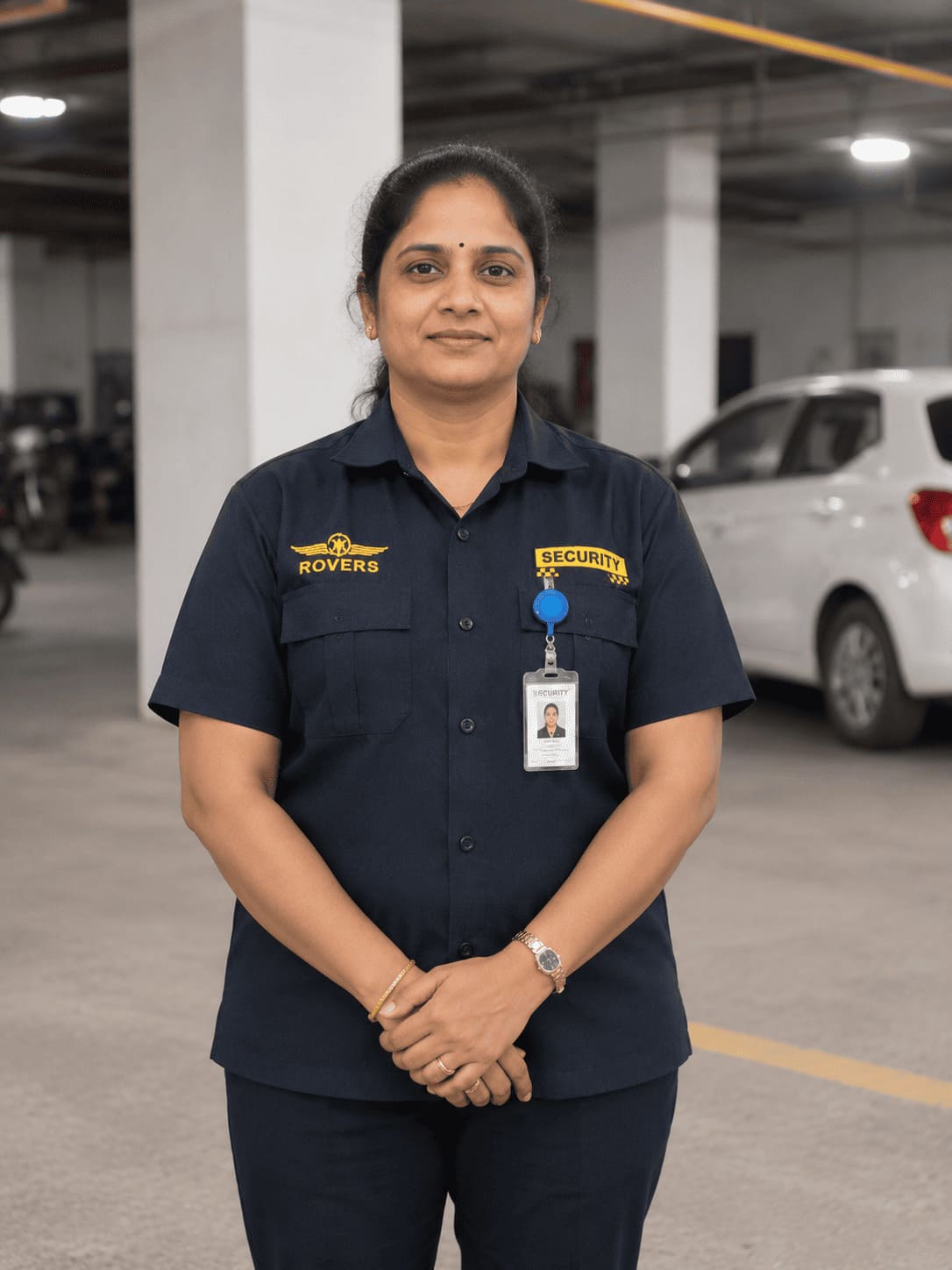Female security guard in dark uniform standing in a parking garage with hands clasped.