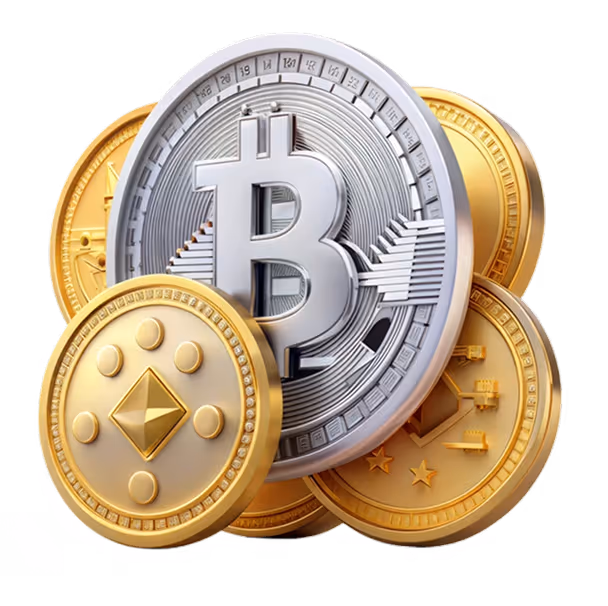 Cluster of silver and gold cryptocurrency coins, with a prominent silver Bitcoin symbol coin in the center and gold Ethereum and other digital currency coins surrounding it.