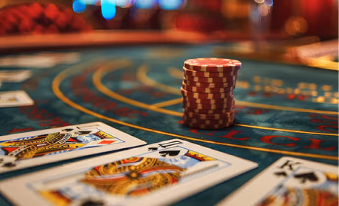 Stack of poker chips on a casino table with playing cards spread in front.