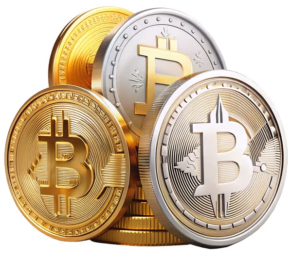 Stack of gold and silver physical Bitcoin cryptocurrency coins with the Bitcoin symbol.