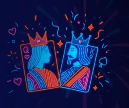 Illustration of Queen of Hearts and King of Spades playing cards with crowns and festive confetti.
