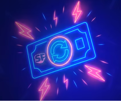 Neon blue and pink glowing icon of a stylized banknote with a circular arrow and lightning bolts.