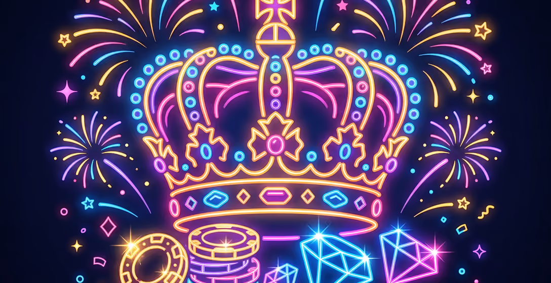 Neon glowing crown above stacks of poker chips, diamonds, and colorful fireworks on dark background.