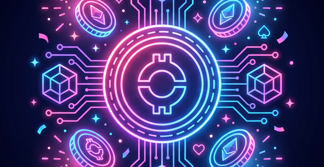 Neon cryptocurrency symbol with digital circuits and Ethereum icons on dark background.