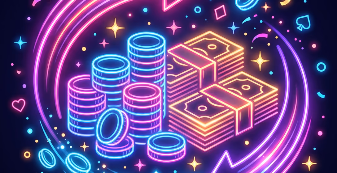 Neon stacks of coins and bundles of cash surrounded by colorful stars and playing card symbols.