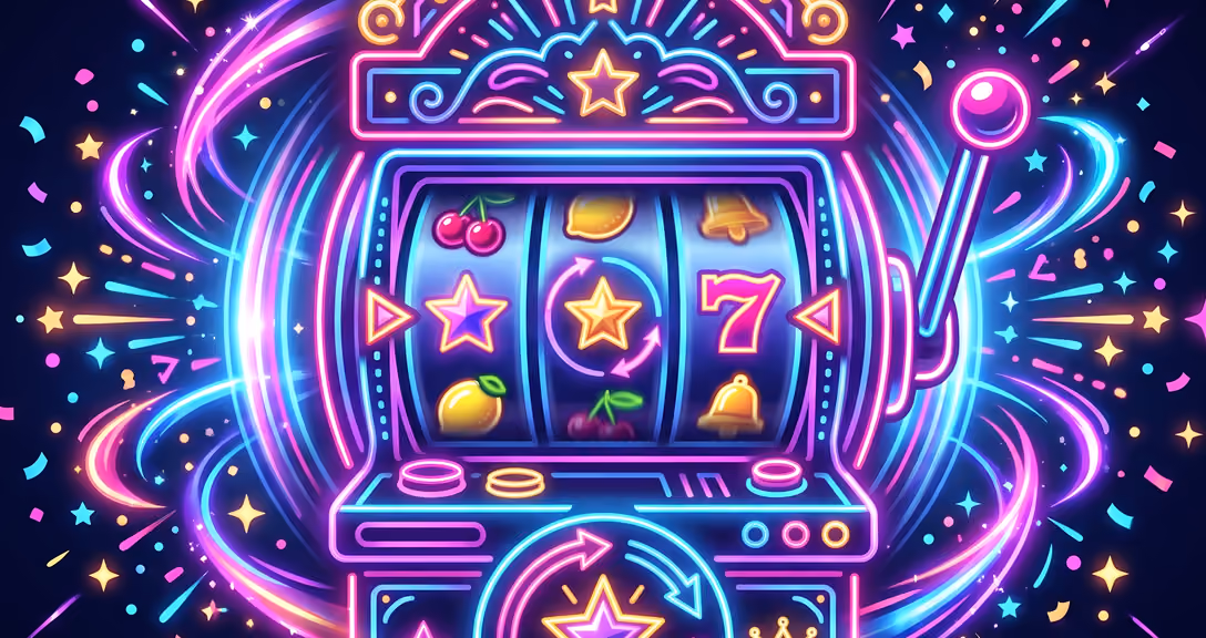 Neon slot machine with spinning reels showing stars, cherries, lemon, bell, and number 7.
