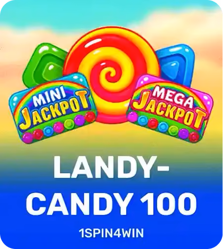 Colorful candy icons with Mini Jackpot and Mega Jackpot signs above the text Landy-Candy 100 1Spin4Win.