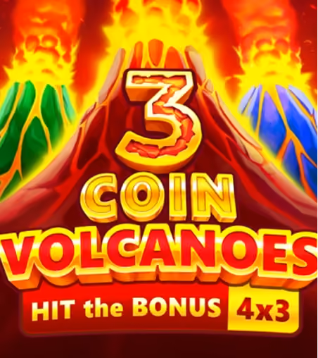 Colorful artwork of three erupting volcanoes with text '3 Coin Volcanoes Hit the Bonus 4x3'.
