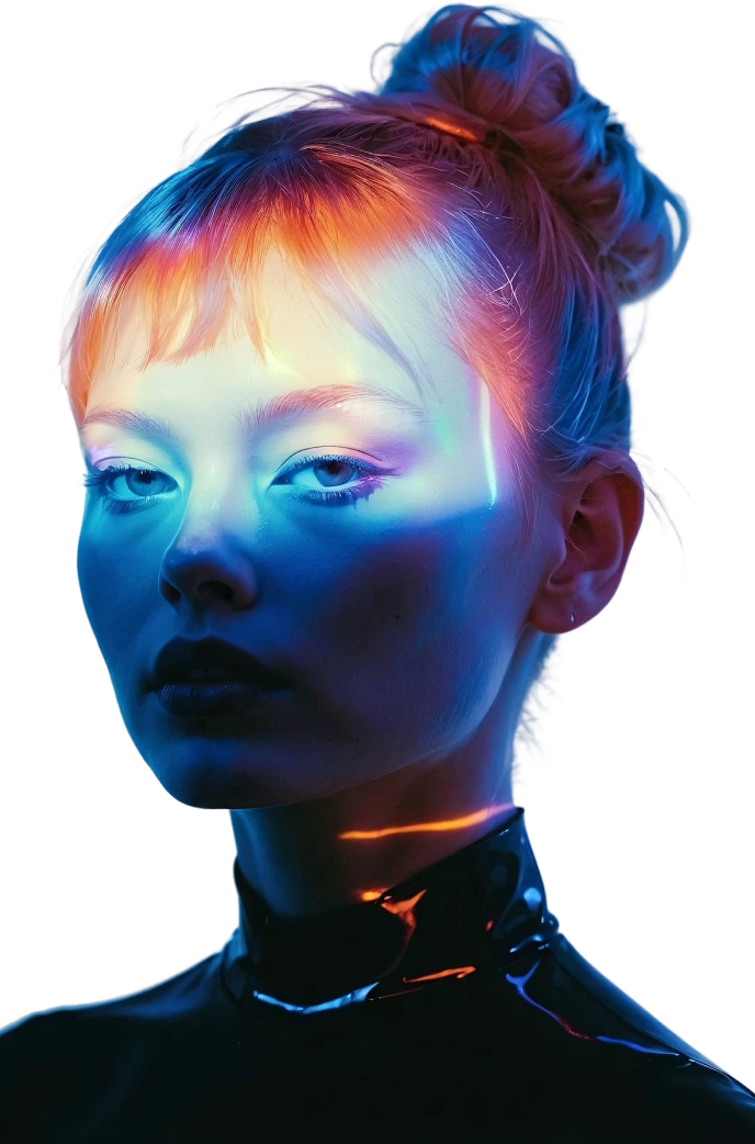 Woman's face lit with blue and orange neon light, hair in a bun, wearing a shiny black top.