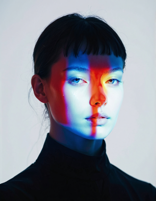 Portrait of woman with black hair and fringe, face lit by dramatic blue, red, and white lighting.