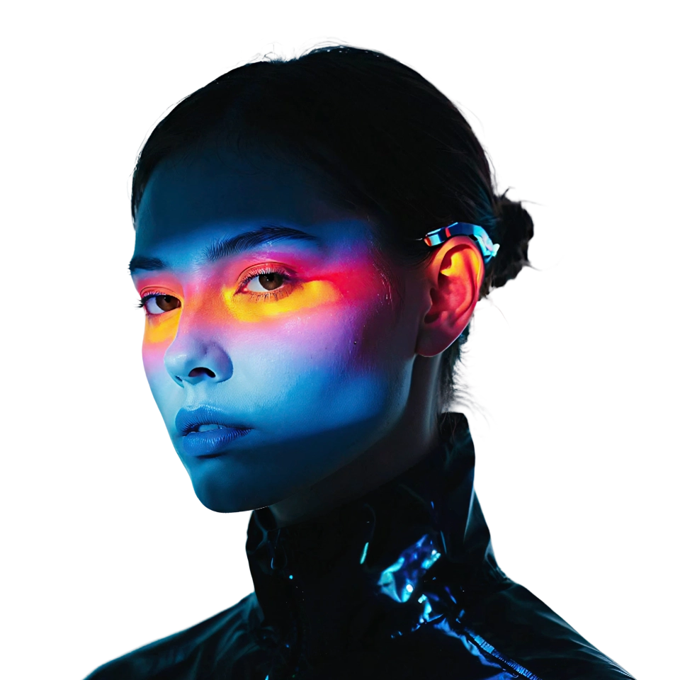 Young woman with colorful neon light stripes across her face and futuristic earpiece.