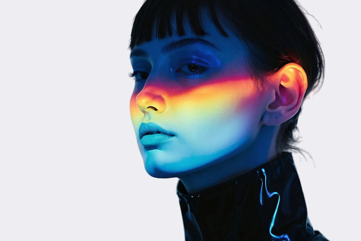 Profile of a woman wearing a shiny jacket with a colorful light stripe across her face.