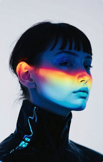 Profile of a woman with a rainbow light across her face wearing a shiny black jacket.
